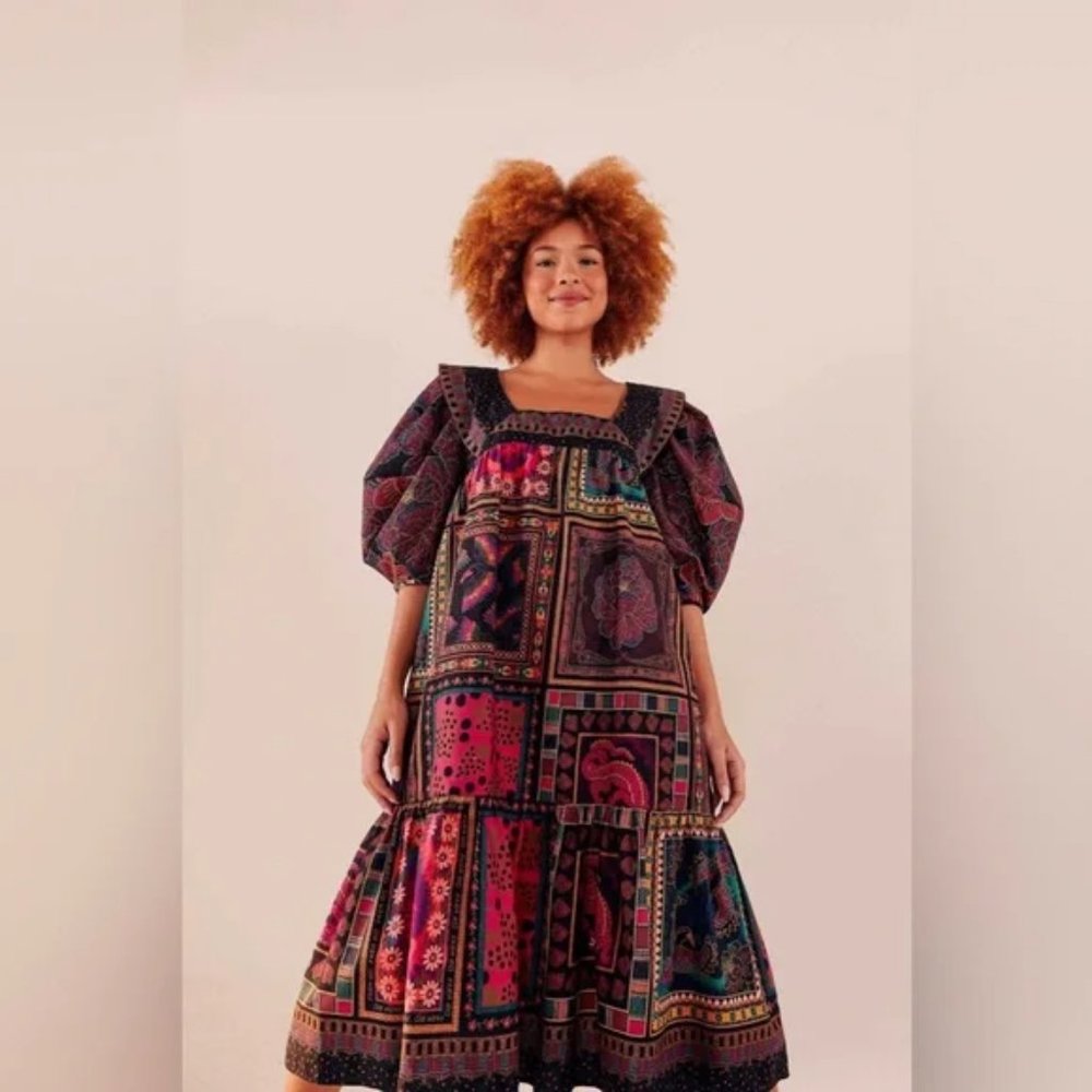 Farm Rio Mixed Scarves Frill Midi Dress size XL patchwork print flowers birds